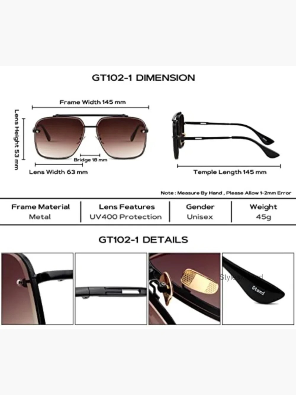 Oversized Square Aviator Metal Sunglasses 63mm UV400